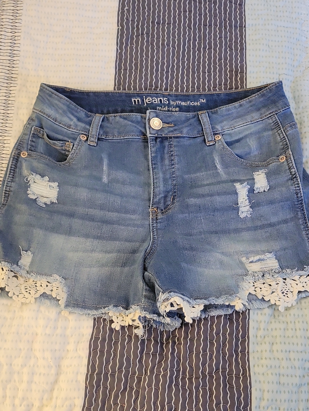 Maurices Light Blue Distressed Denim Shorts with Lace Hem